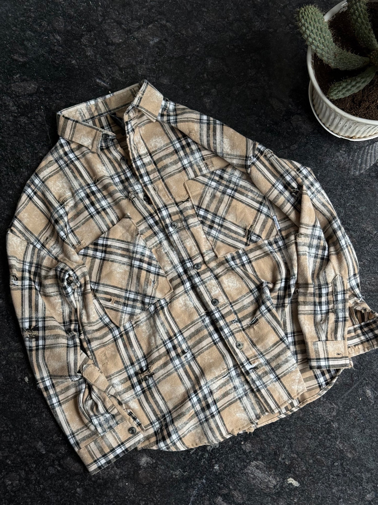 Oversized beige checkered distressed Shirt