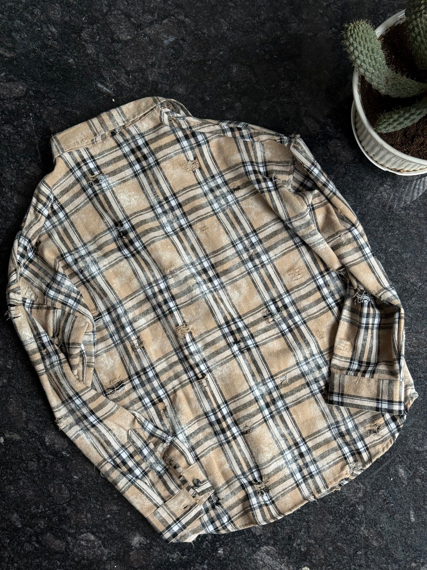 Oversized beige checkered distressed Shirt