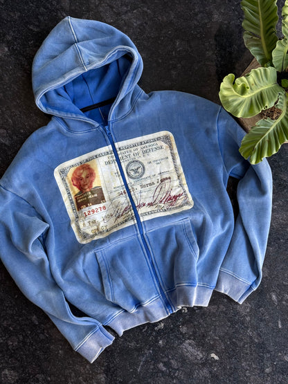 BLUE US DEFENCE HOODED ACID WASH ZIPPER