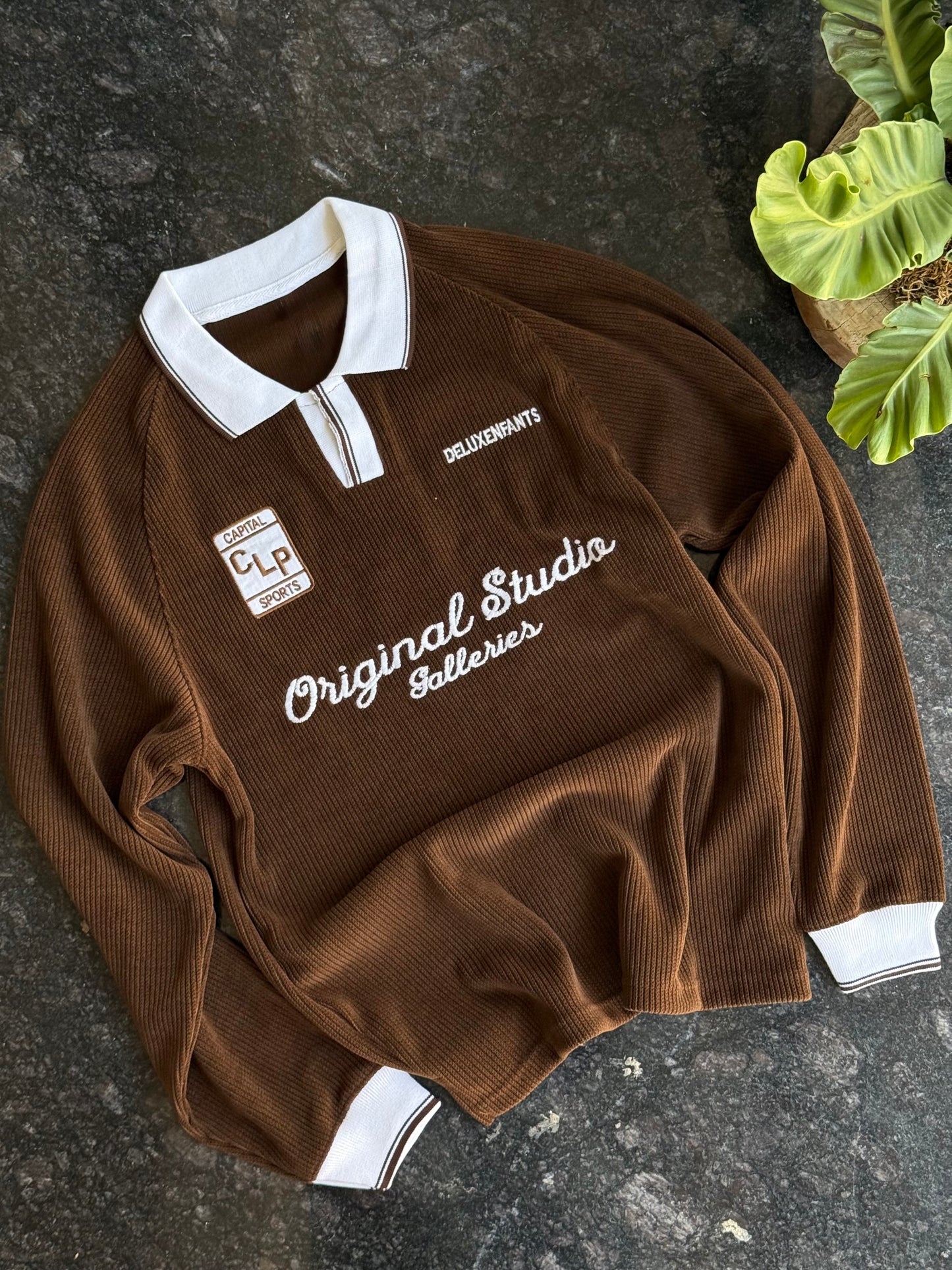 ORIGINAL STUDIO BROWN RIBBED FULL SLEEVE POLO