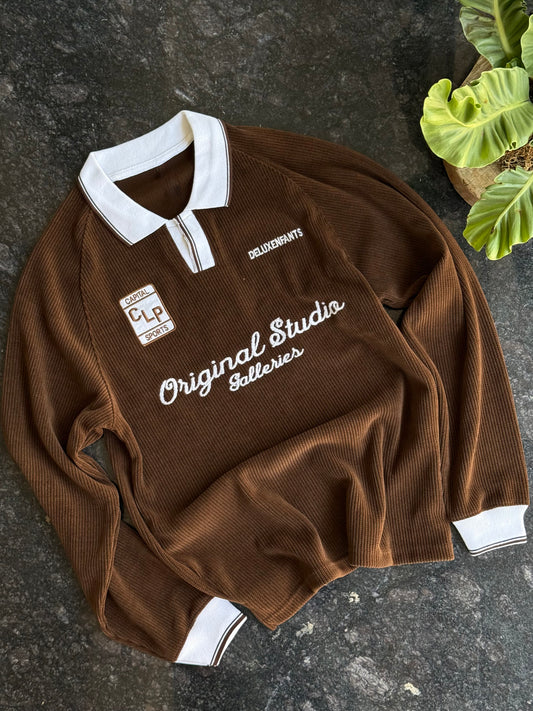 ORIGINAL STUDIO BROWN RIBBED FULL SLEEVE POLO
