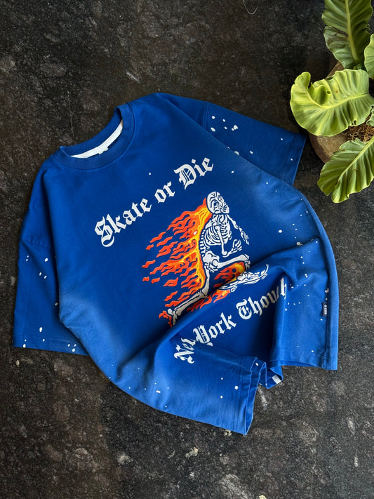 ROYAL BLUE SKATE OR DIE ACID WASH OVERSIZED TSHIRT