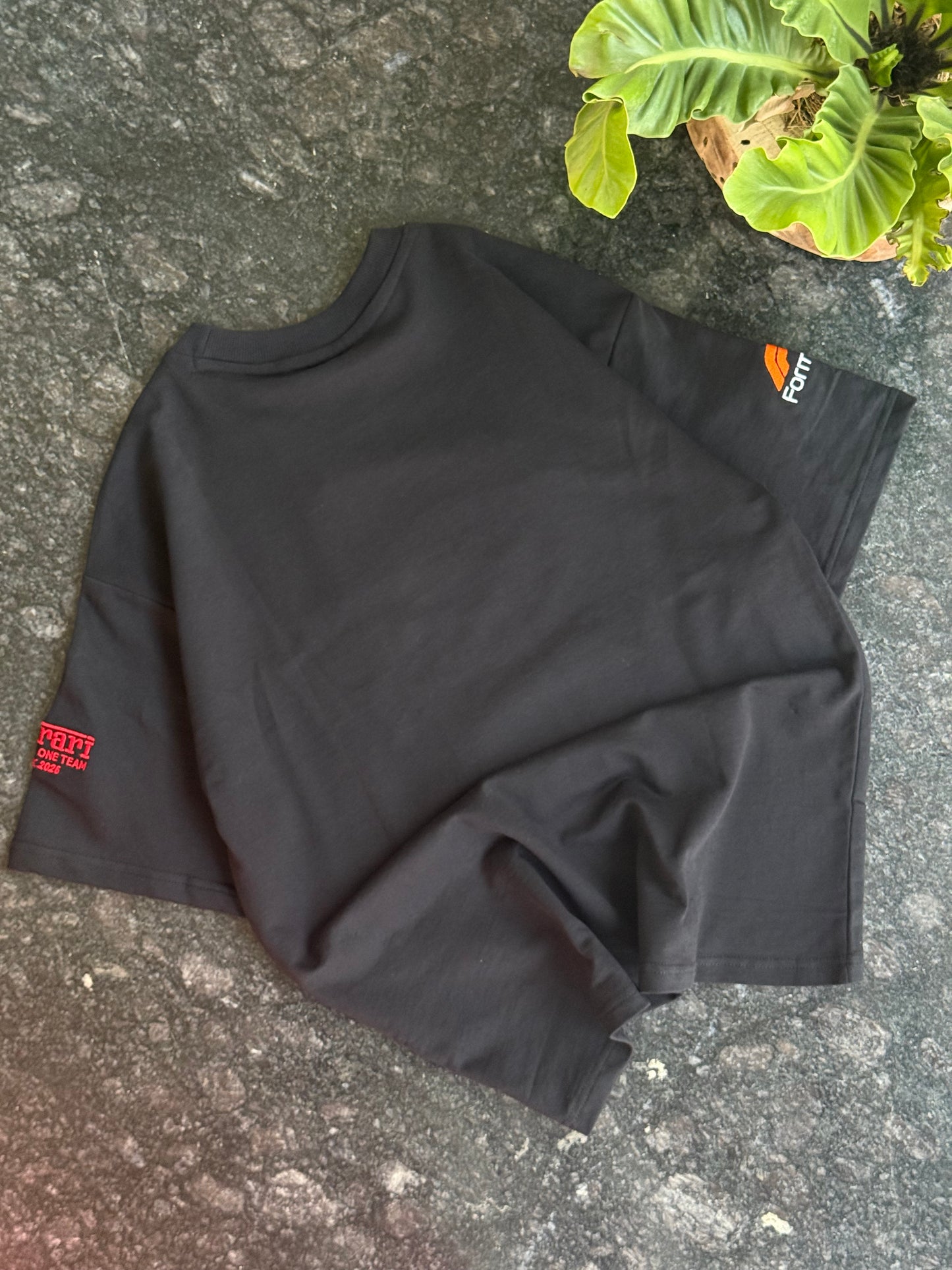BLACK FERRARI EMBROIDERED OVERSIZED TSHIRT