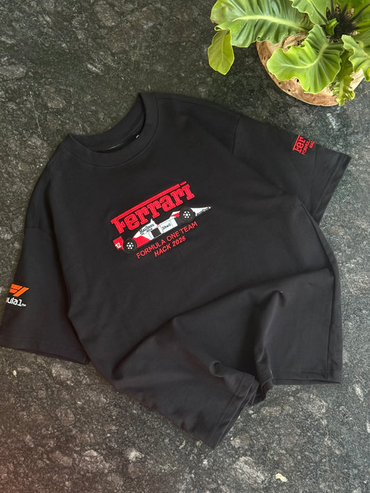 BLACK FERRARI EMBROIDERED OVERSIZED TSHIRT