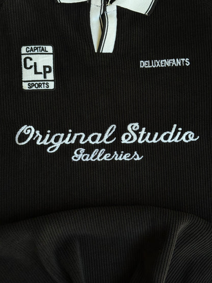ORIGINAL STUDIO BLACK RIBBED FULL SLEEVE POLO TSHIRT
