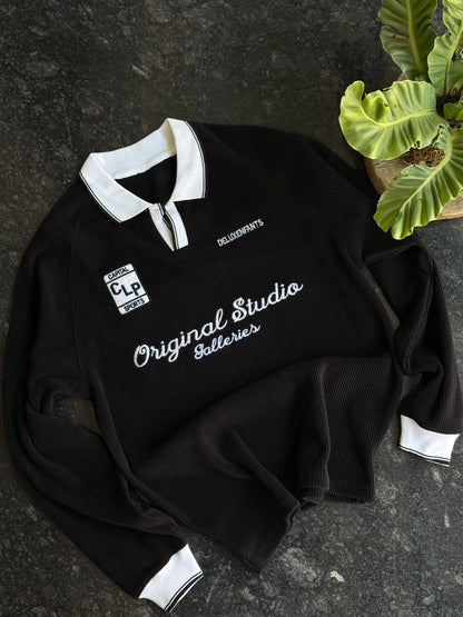 ORIGINAL STUDIO BLACK RIBBED FULL SLEEVE POLO TSHIRT