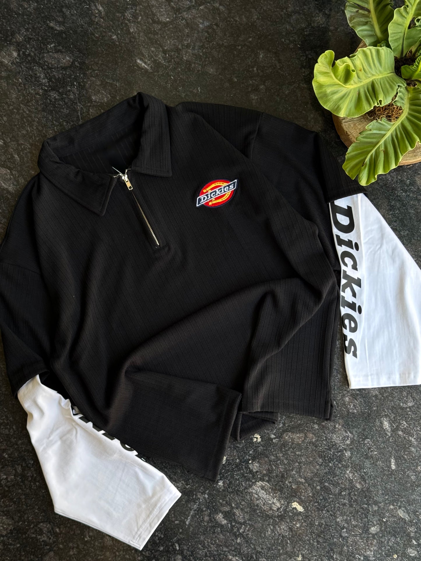 DICKIES BLACK RIBBED FULL DOCTOR SLEEVE POLO TSHIRT