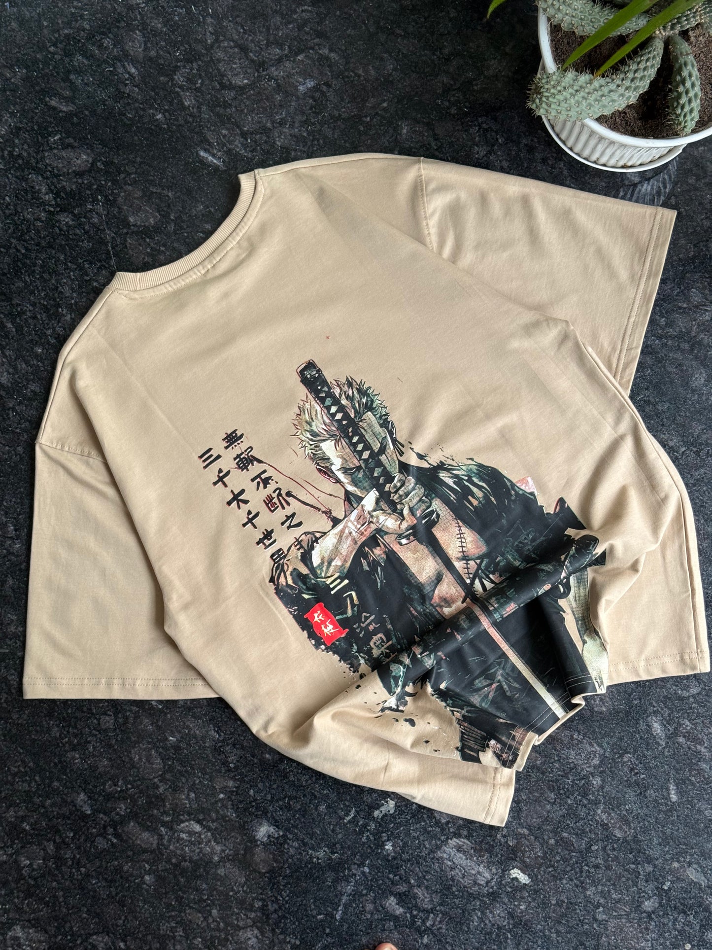 BEIGE ANIME WARRIOR BACKPRINT TSHIRT