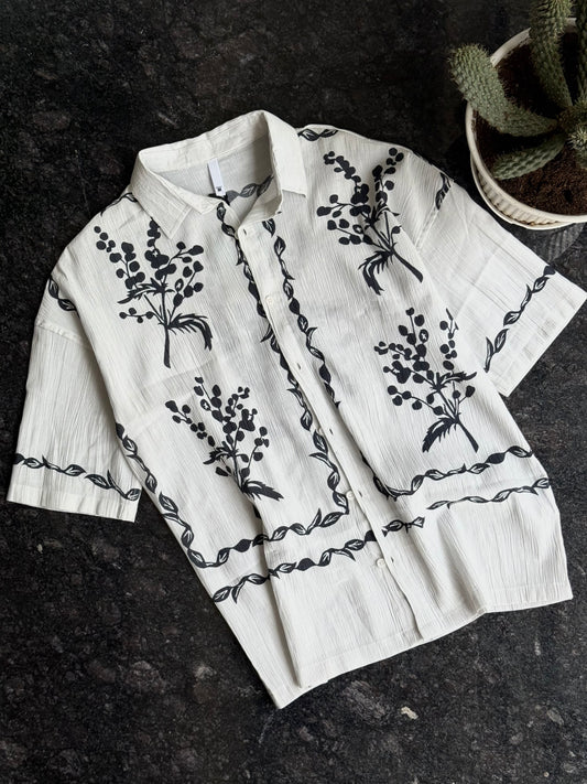 Oversized White floral handblock shirt