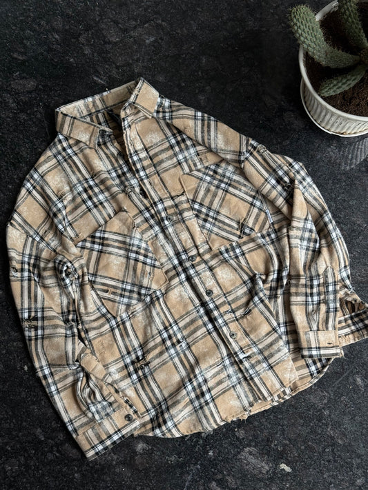 Oversized beige checkered distressed Shirt